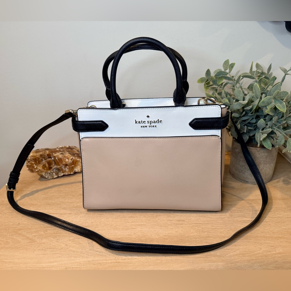 Kate Spade Colorblock Satchel Crossbody Black White Beige Gold - Picture 2 of 9